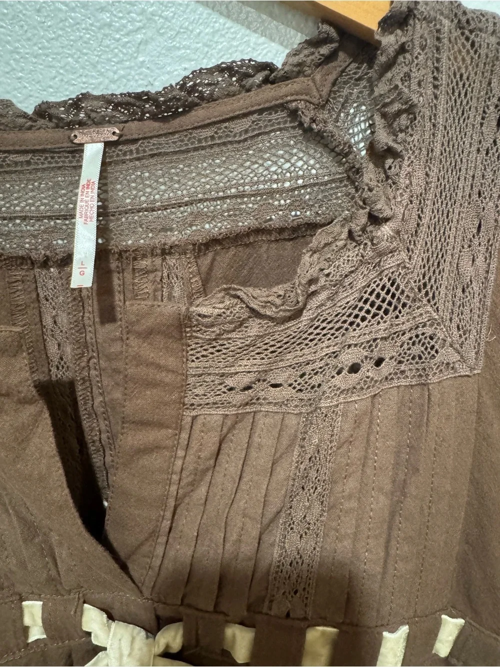 Free People Boho Peasant Tunic Dress with Contrast Ribbon Tie - Brown & Cream - Picture 3 of 7
